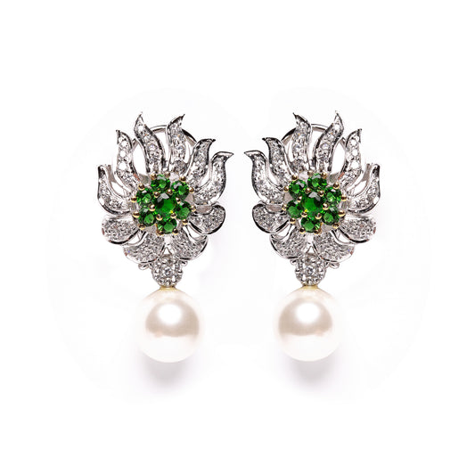 Lulit | Cultured Pearl, Emerald and Simulated Diamond Drop Earrings - ratnalijewels