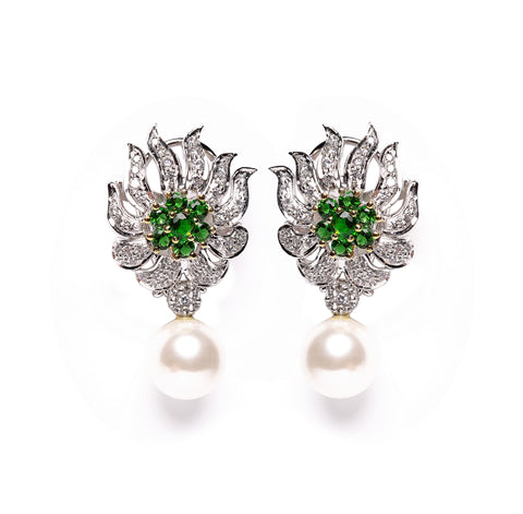 Lulit | Cultured Pearl, Emerald and Simulated Diamond Drop Earrings