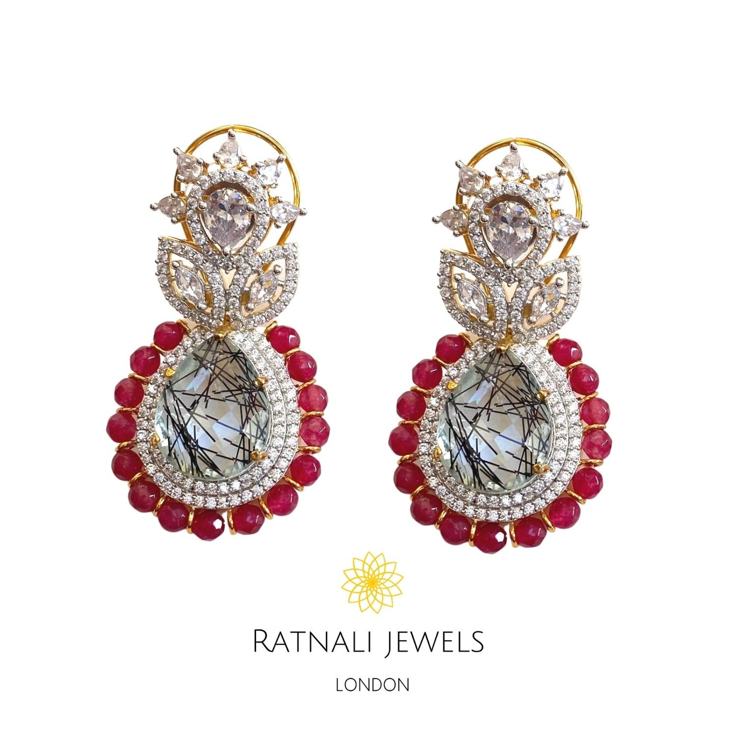 Statement diamond Earrings with Ruby Beads - ratnalijewels