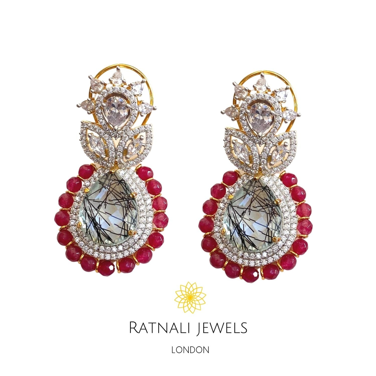Statement diamond Earrings with Ruby Beads