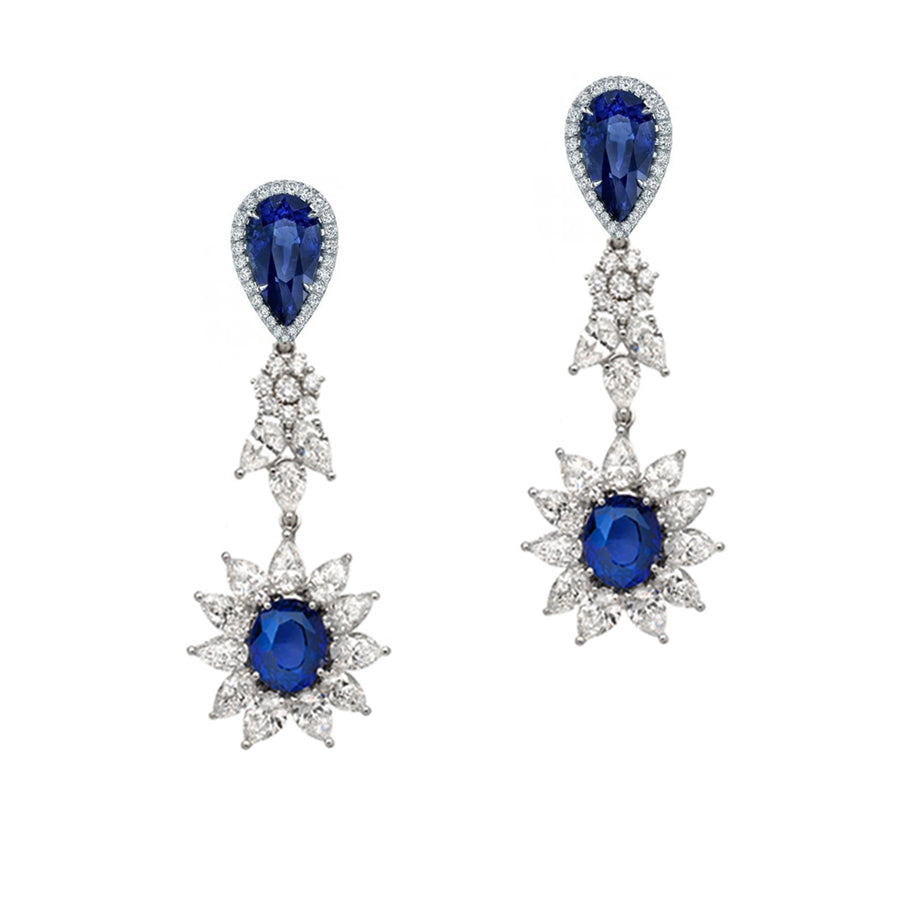 Simulated diamond and synthetic saphire long drop chandelier earrings, Earrings - Ratnali Jewels
