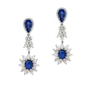 Simulated diamond and synthetic saphire long drop chandelier earrings, Earrings - Ratnali Jewels