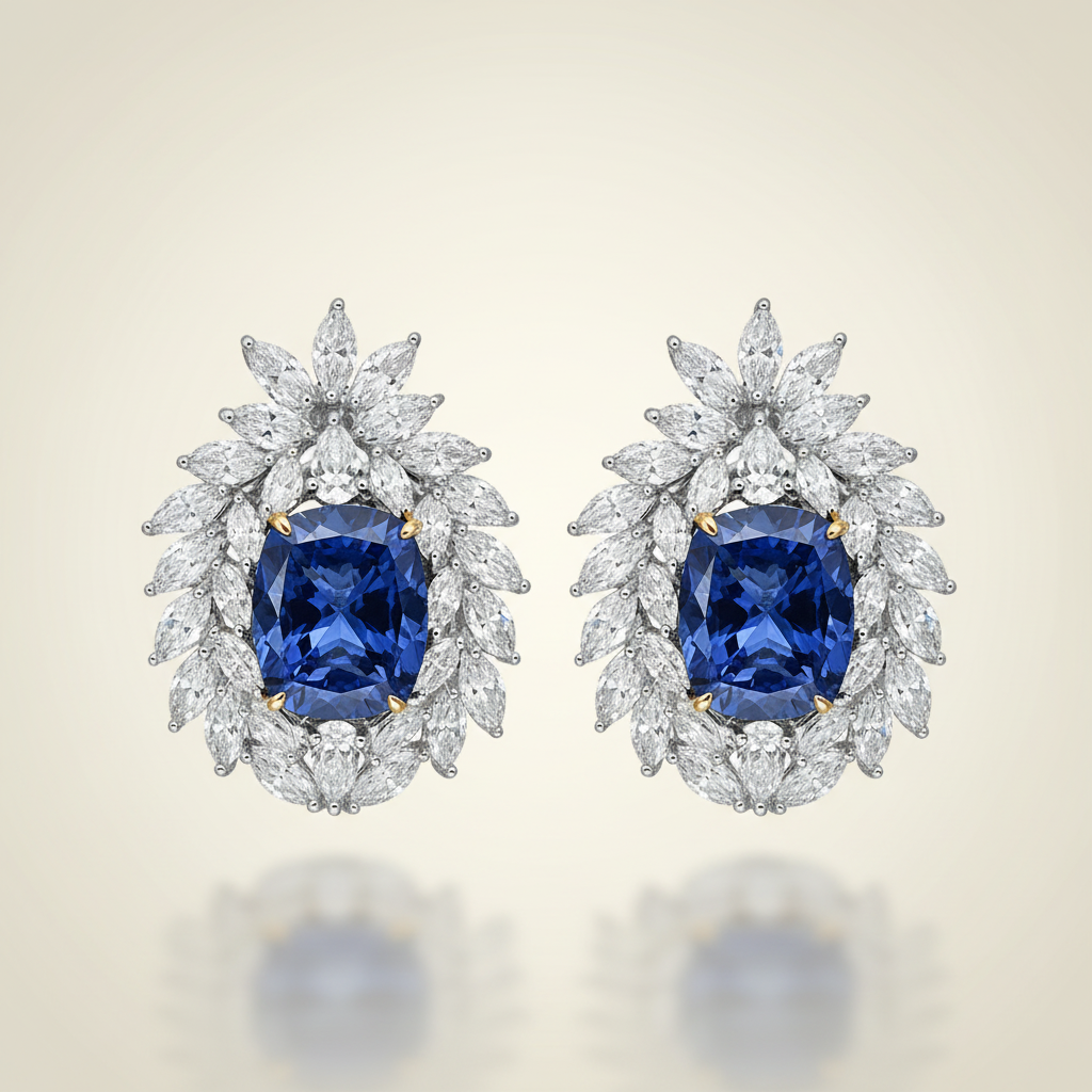 Arcane Simulated Diamond and Blue Sapphire Stud Earrings, Studs - Ratnali Jewels