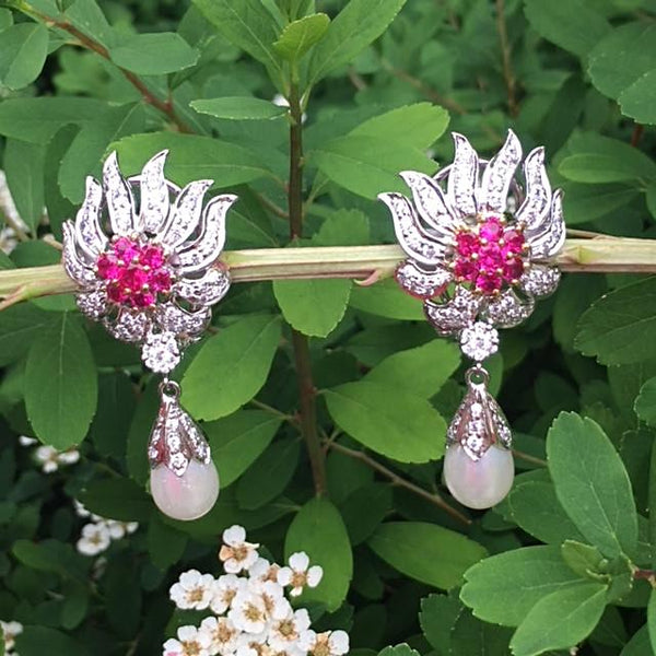 Simulated diamond & ruby pearl drop earrings, Earrings - Ratnali Jewels